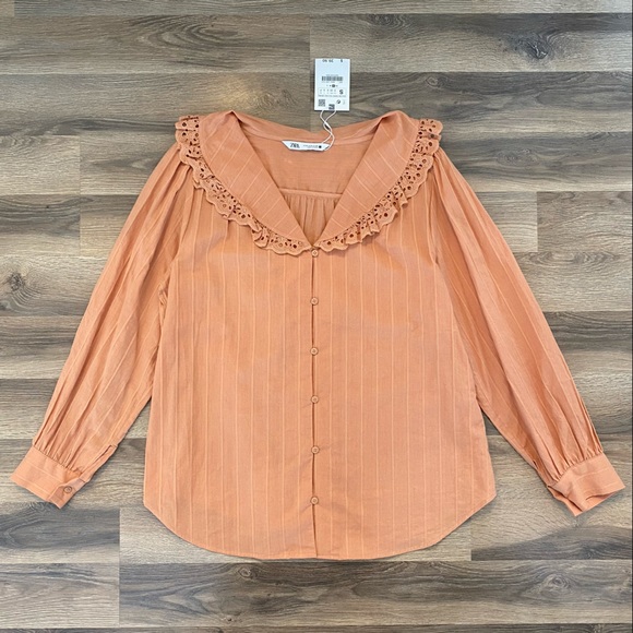 NEW Zara Peach/Orange Ruffled Collar Blouse - Picture 2 of 6